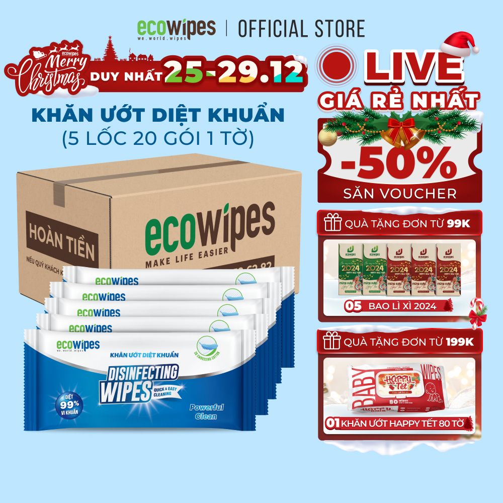 Combo 05 túi 100 cái khăn giấy ướt diệt khuẩn Disinfecting Wipes loại 1 tờ dùng 1 lần diệt 99,9% vi khuẩn hương chanh