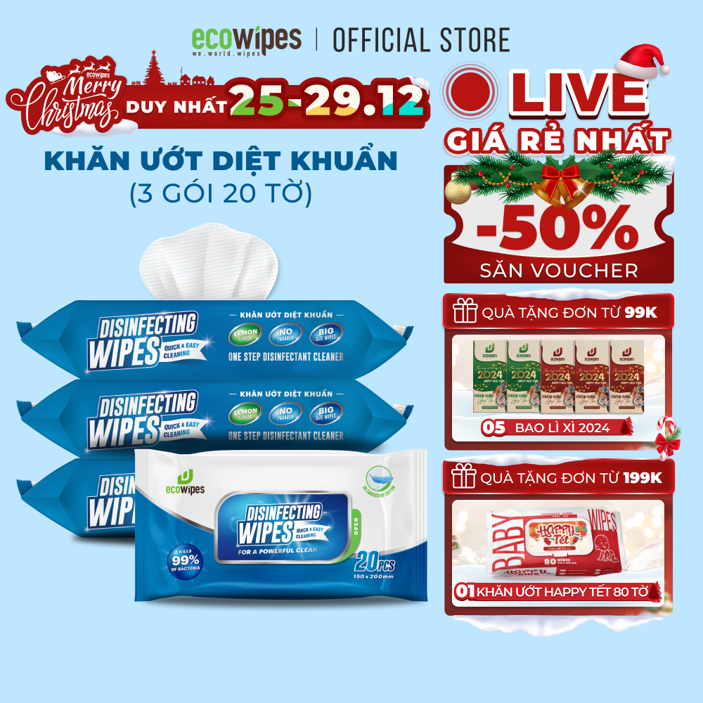 Combo 03 khăn ướt diệt khuẩn EcoWipes gói 20 tờ hương chanh dịu nhẹ