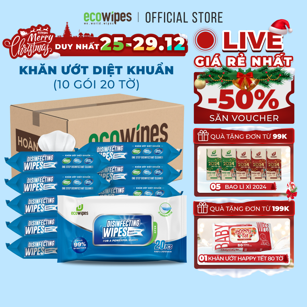 Combo 10 khăn giấy ướt diệt khuẩn Ecowipes gói 20 tờ hương chanh