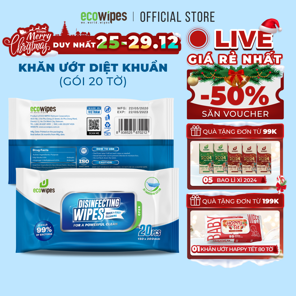 Khăn giấy ướt diệt khuẩn EcoWipes gói 20 tờ hương chanh