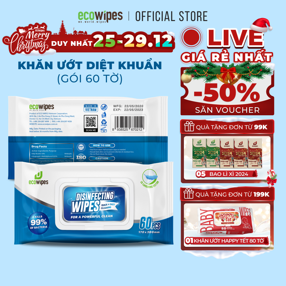 Khăn giấy ướt diệt khuẩn Disinfecting Wipes gói 60 tờ diệt 99,9% vi khuẩn hương chanh dịu nhẹ