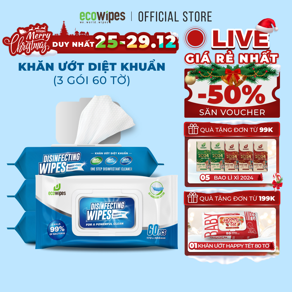 Combo 03 gói khăn giấy ướt diệt khuẩn EcoWipes gói 60 tờ diệt 99,9% vi khuẩn có hại trên nhiều bề mặt