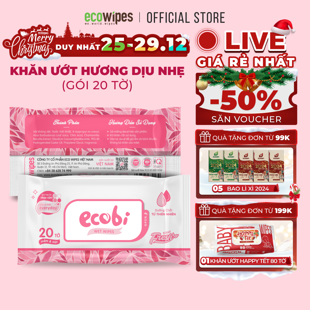 Khăn giấy ướt cao cấp an toàn cho bé Ecowipes gói 20 tờ 110g Hương Dịu Nhẹ không cồn không paraben