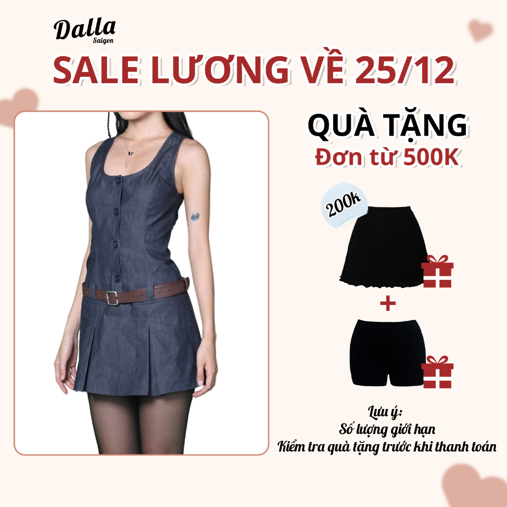 DALLA Đầm jean cổ vuông cài khuy (D13)