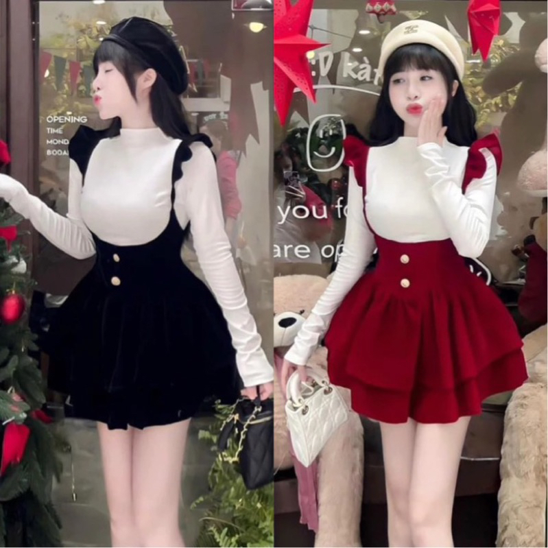 Set Yếm Nhung Chơi TẾT NOEL Cánh Tiên U Đính Cúc Dáng Xoè 2 Tầng + Áo Thun Cổ Lọ Trắng Tăm Lạnh Tay Dài
