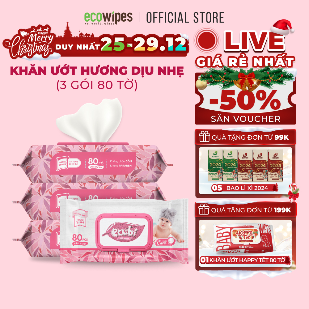 Combo 03 gói khăn giấy ướt cao cấp an toàn cho bé Ecobi EcoWipes gói 80 tờ 560g Hương Dịu Nhẹ không cồn không paraben