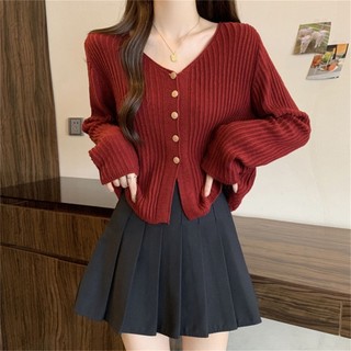  Áo Khoác Len Mỏng Áo Cardigan Nữ Thun Co Giãn Ôm Người Cổ V Dáng Ngắn Phối Gân Dọc | smide_clothing 