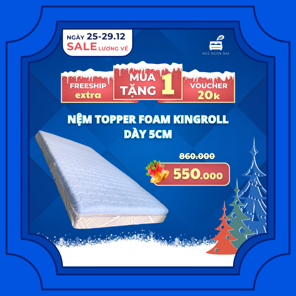 (Tặng 1 DRAP BỌC NỆM) Đệm Topper nệm Foam Kingroll cao cấp dày 5cm đủ kích thước có thun ràng - Đàn hồi nâng đỡ và êm ái