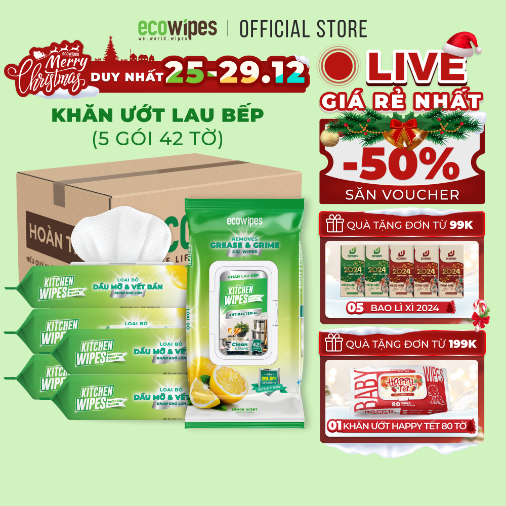 Combo 05 gói khăn giấy ướt lau bếp cao cấp Ecowipes gói 42 tờ 620g size cực lớn 20x30cm hương chanh khử mùi kháng khuẩn