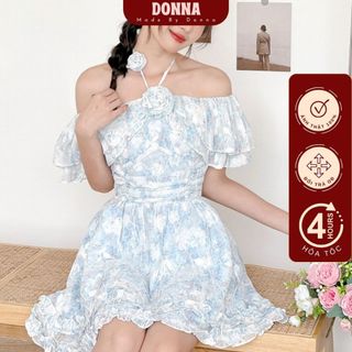 Đầm thiết kế voan hoa thêu nổi DONNA chính hãng đính nơ hoa màu Xanh Pastel