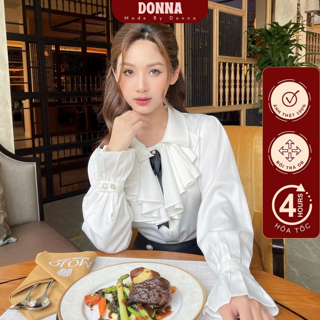 Áo lụa tiểu thư kèm nơ đen tháo rời cao cấp sang trọng thiết kế DONNA