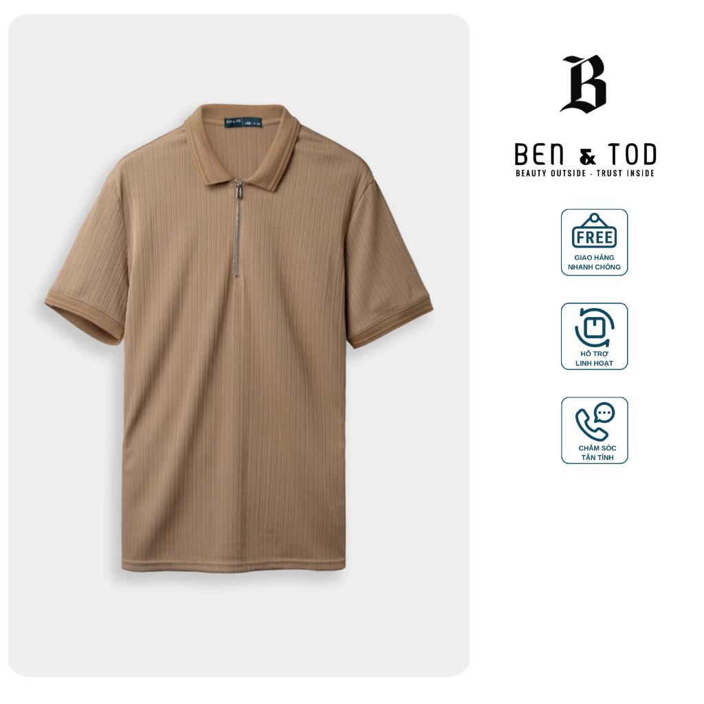Áo Polo nam BEN & TOD R1300BB146 trụ dây kéo thoáng mát co giãn sang trọng thanh lịch
