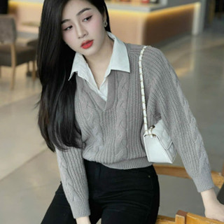 Áo len nữ , Áo len tay dài cổ V vặn thừng phối sơ mi Cao Cấp hàng QUẢNG CHÂU dễ phối đồ phong cách HQ màu đen kem LaRoSa