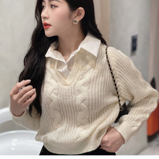  Áo len nữ tay dài cổ V vặn thừng phối cổ sơ mi Cao Cấp hàng QUẢNG CHÂU dễ mix đồ phong cách HQ Natide.store B1V3 