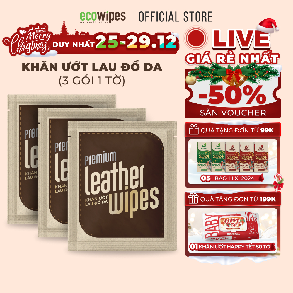 Combo 03 gói khăn giấy ướt vệ sinh dưỡng bóng giày da túi da ví da Leather EcoWipes travel size gói 1 tờ lau siêu sạch