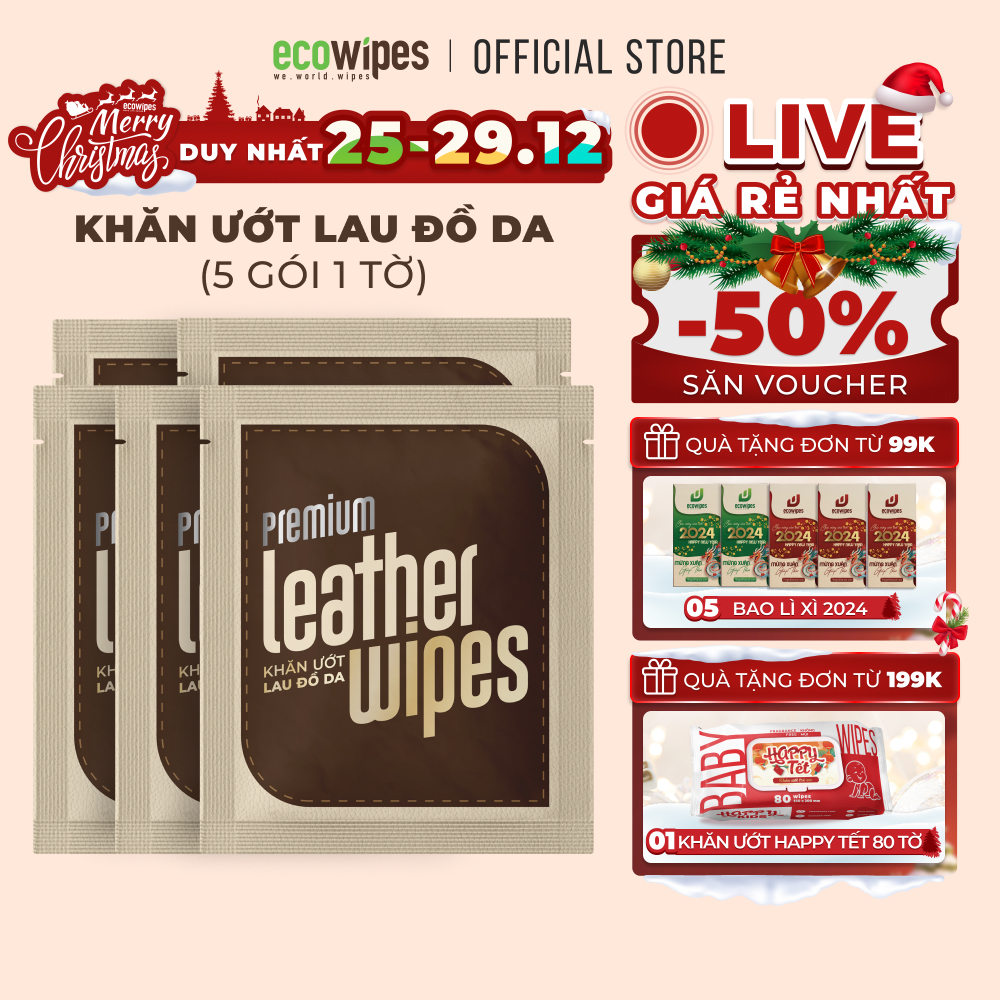 Combo 05 gói khăn giấy ướt vệ sinh dưỡng bóng giày da túi da ví da Leather EcoWipes travel size gói 1 tờ lau siêu sạch