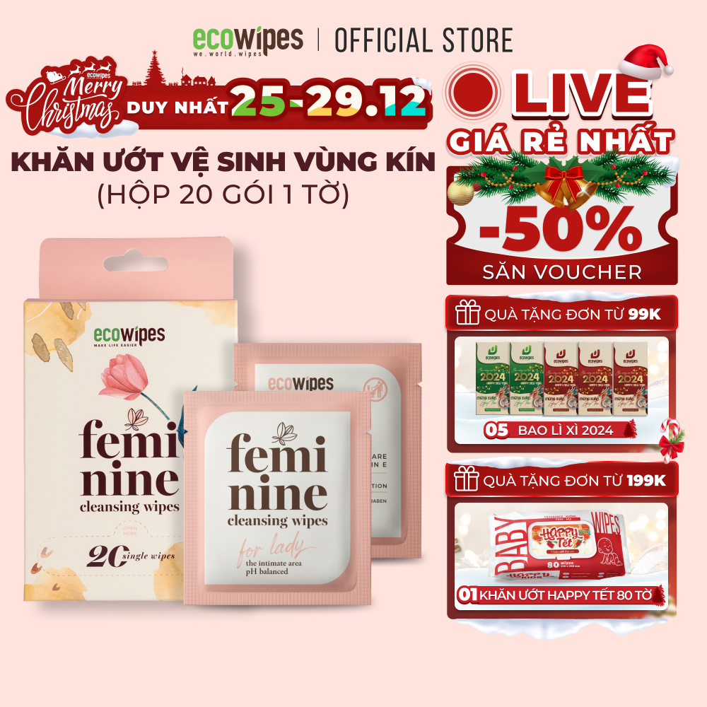 Hộp 20 gói khăn giấy ướt phụ khoa travel size Ecowipes vệ sinh vùng kín phụ nữ hương Daisy size 15x20cm nhỏ gọn bỏ túi