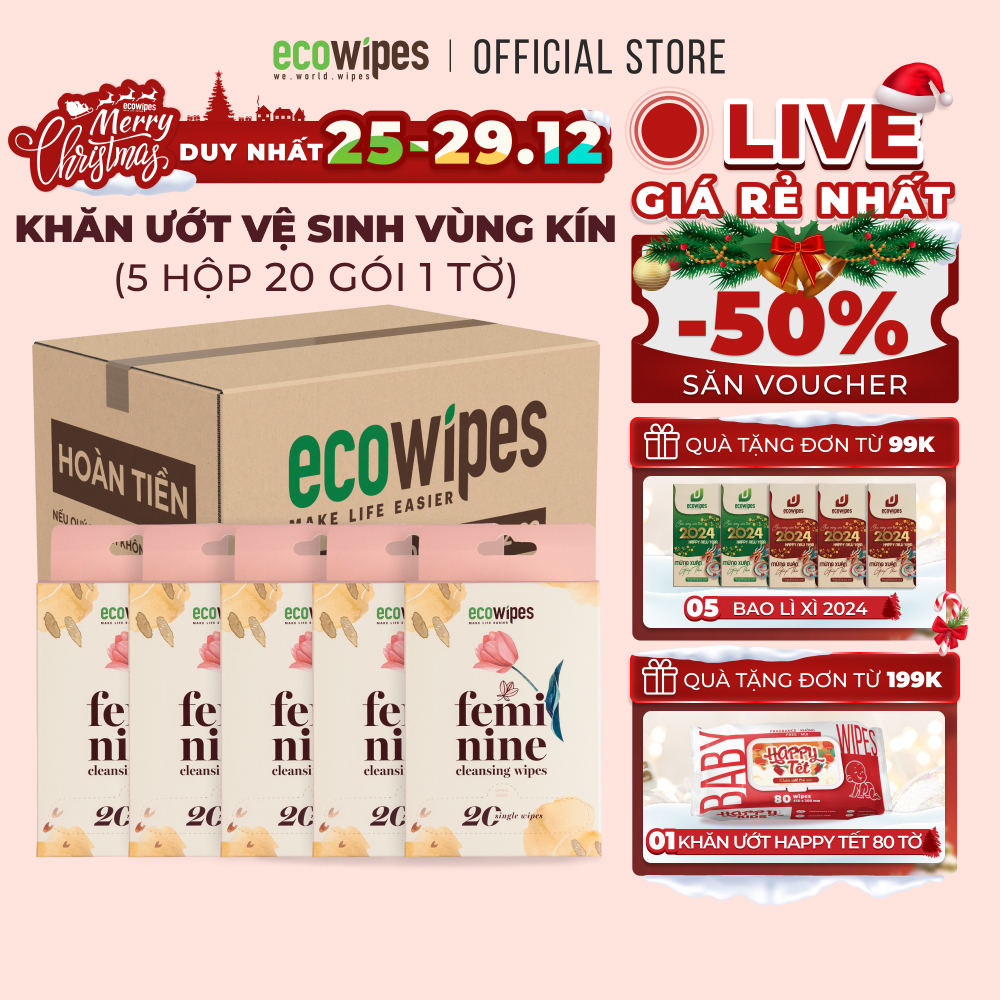 Combo 05 hộp 100 gói khăn giấy ướt phụ khoa travel size Ecowipes vệ sinh vùng kín phụ nữ hương Daisy