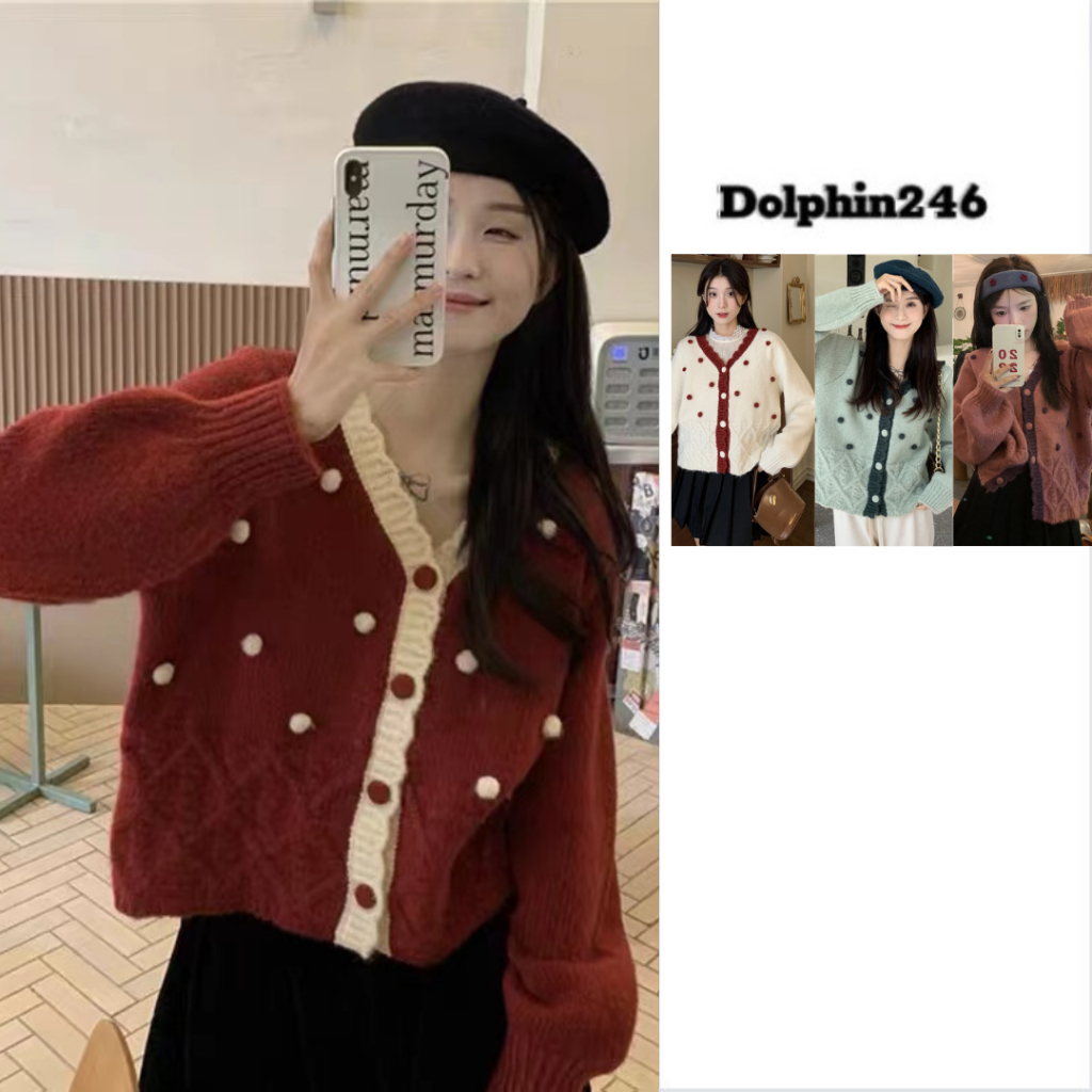 Áo cardigan cho nữ áo khoác len đính hoa nổi bật phối màu đỏ đi chơi tết phong cách vintage Hàn Quốc M405 CT-24