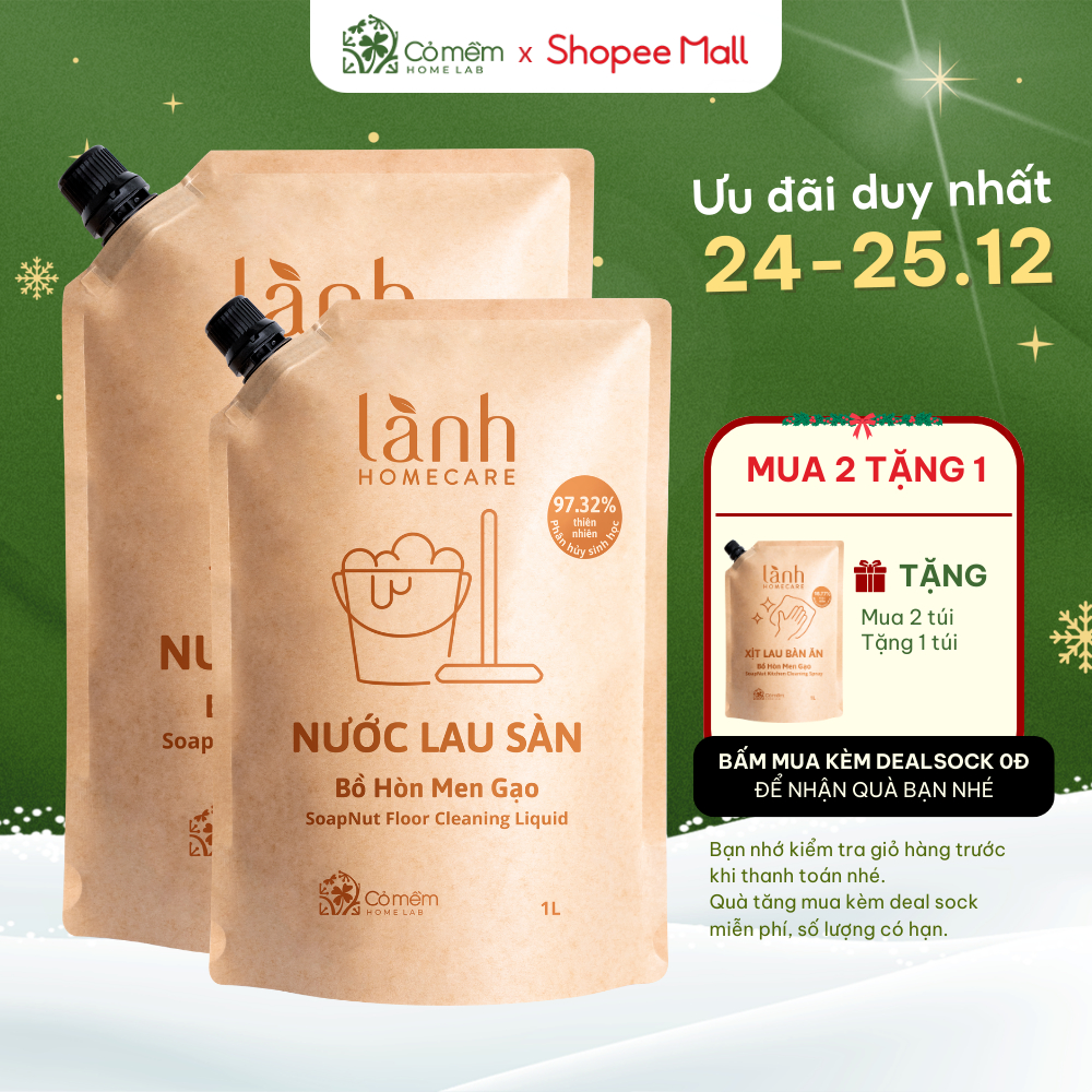 Combo 2 Túi Nước Lau Nhà Lau Bếp Rửa Tay Rửa Bát Lành HomeCare Chăm Sóc Nhà Cửa Cỏ Mềm 1 Lít