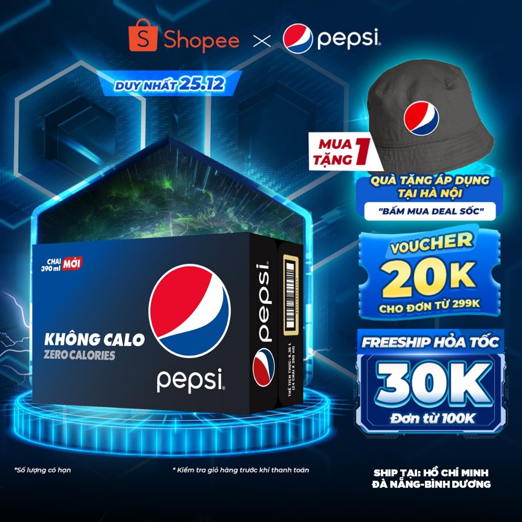 Thùng 24 Chai Nước Ngọt Có Gaz Pepsi Không Calo (390ml /chai)