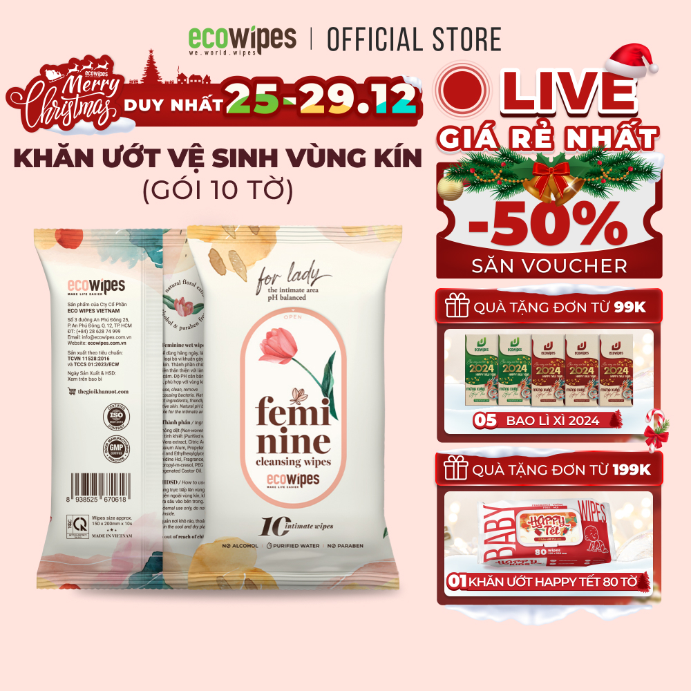 Khăn giấy ướt phụ khoa EcoWipes gói 10 tờ vệ sinh vùng kín phụ nữ hương Daisy size 15x20cm nhỏ gọn dễ bỏ túi