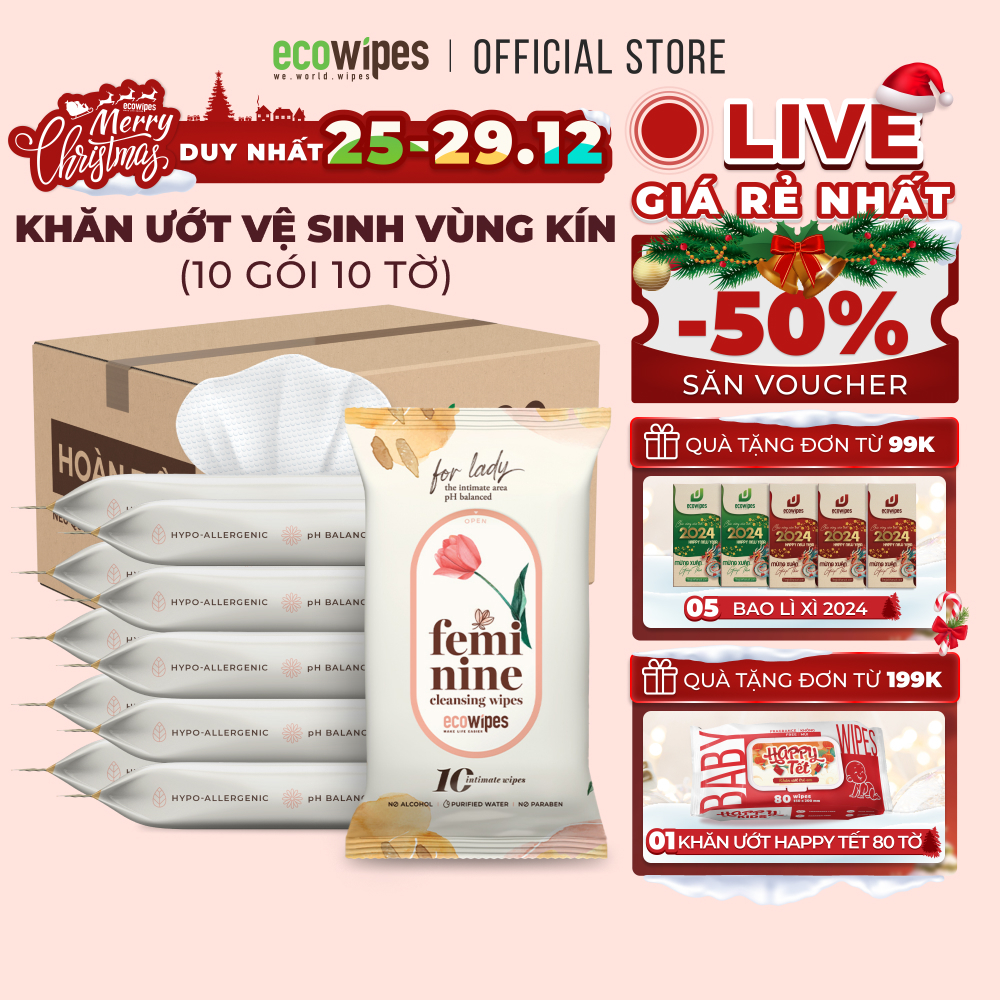 Combo 10 gói khăn giấy ướt vệ sinh vùng kín phụ nữ Ecowipes gói 10 tờ hương Daisy khử mùi kháng khuẩn