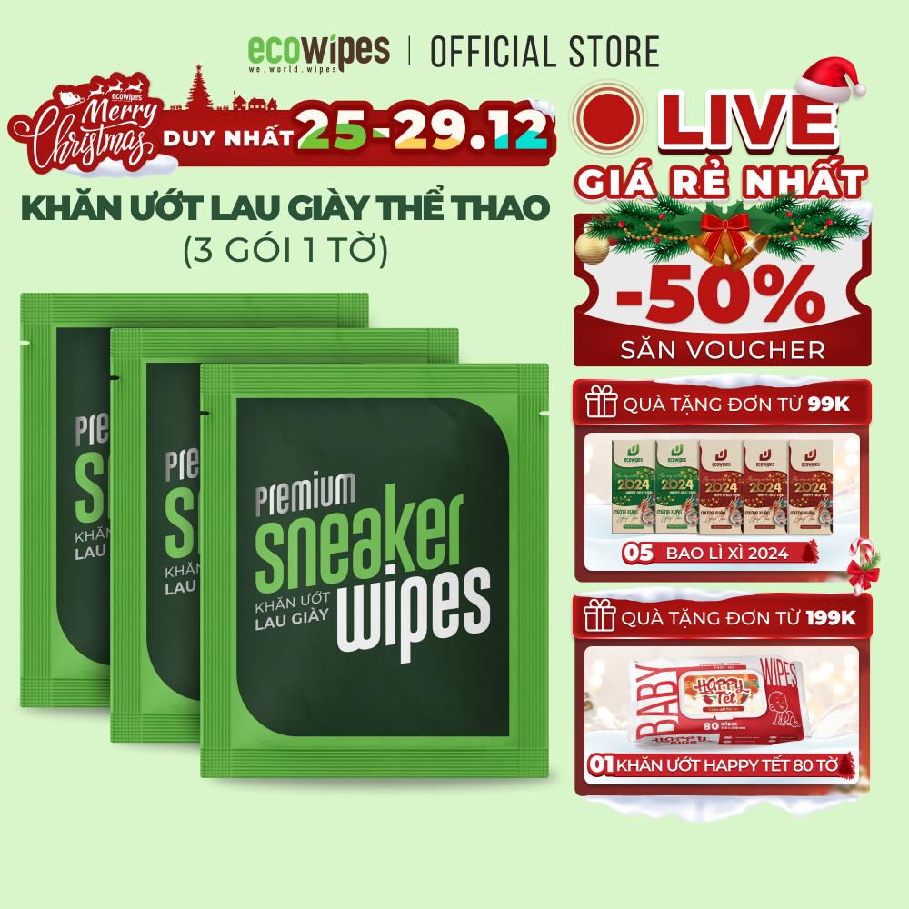 Combo 03 gói khăn giấy ướt lau giày thể thao Ecowipes travel size premium gói 1 tờ tạo bọt tự tan lau siêu sạch