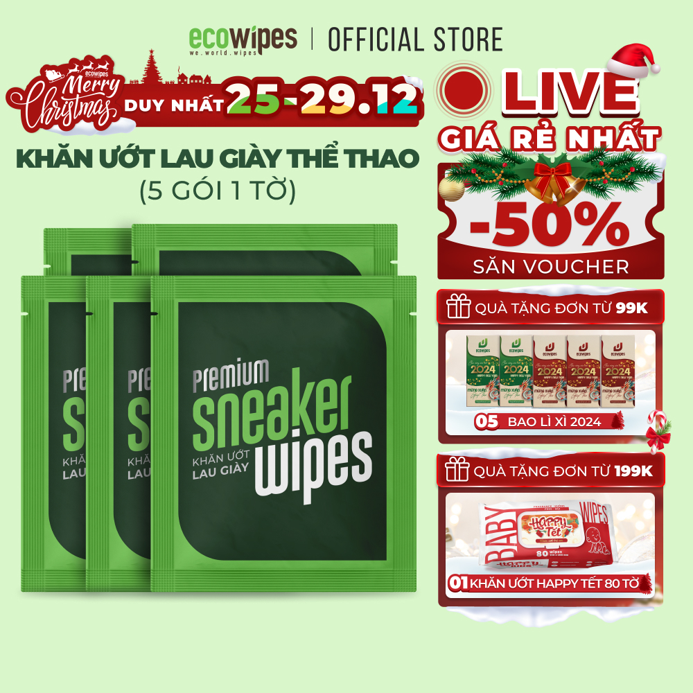 Combo 05 gói khăn giấy ướt lau giày thể thao Ecowipes travel size premium gói 1 tờ tạo bọt tự tan lau siêu sạch