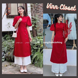 Sét áo dài cách tân lụa trơn cổ tàu đính ngọc + quần lụa trắng HB514