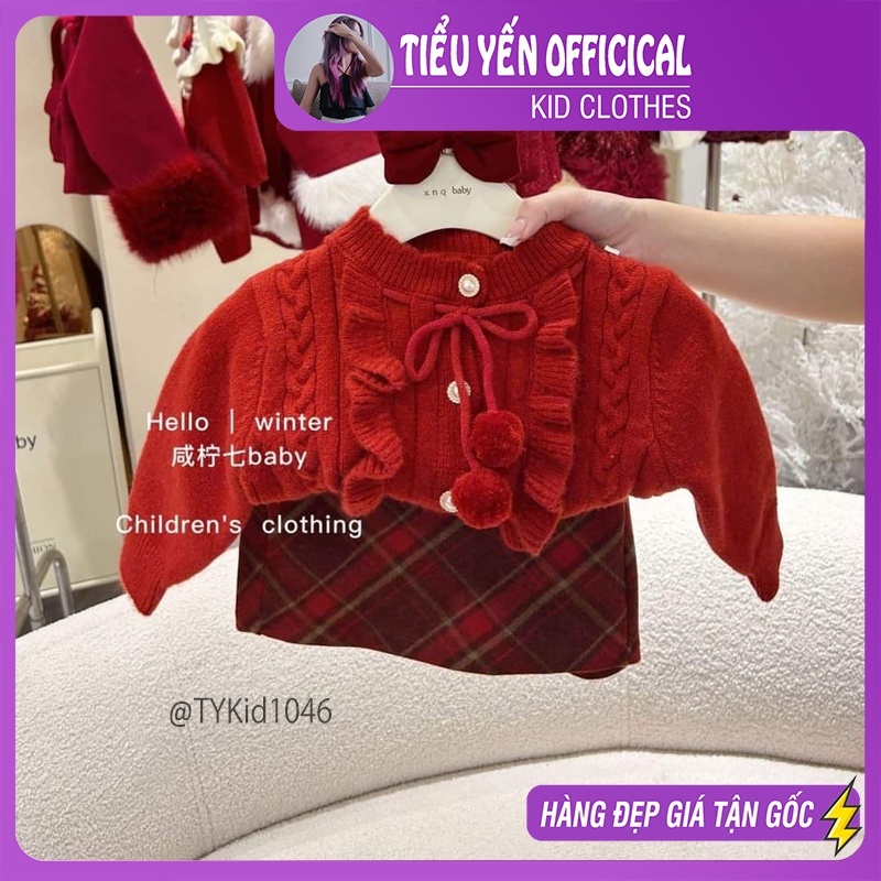 Quần áo trẻ em, Set len cao cấp bé gái, áo khoác len đỏ và chân váy dạ đỏ cho bé 9-27kg S1046 | Tiểu Yến KID