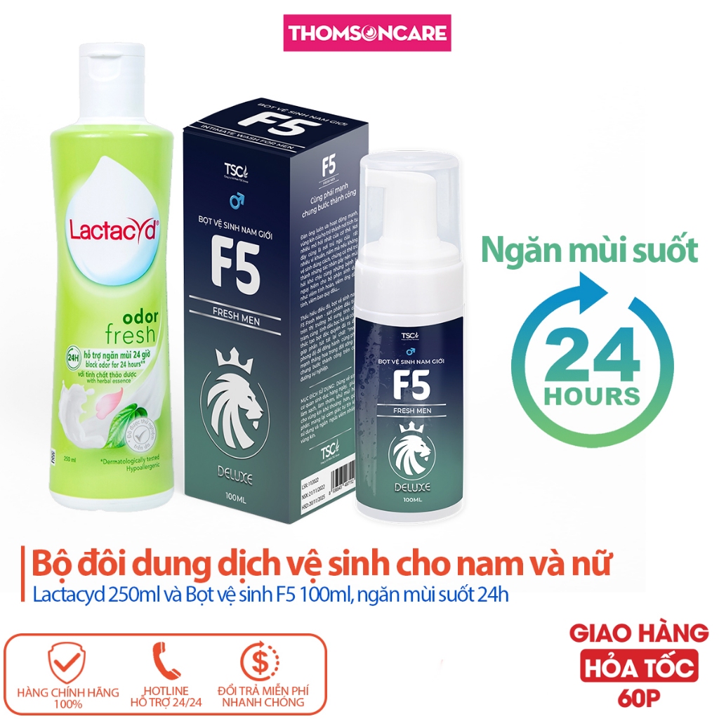 Dung dịch vệ sinh nữ Lactacyd 250ml trầu không và Bọt vệ sinh nam F5 Fresh Men 100ml, giúp vệ sinh, khử mùi- Thomsoncare