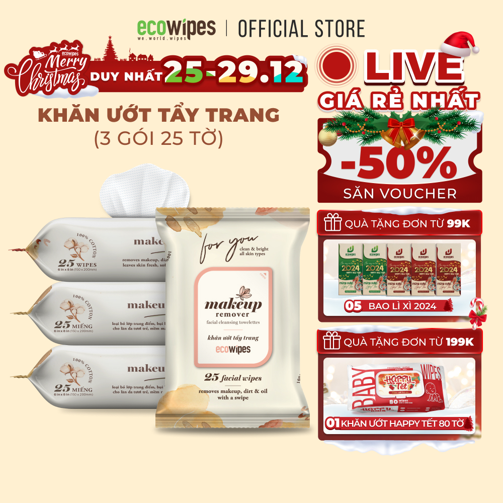 Combo 03 gói khăn giấy ướt tẩy trang Makeup Remover EcoWipes gói 25 tờ làm sạch lớp trang điểm nhanh chóng