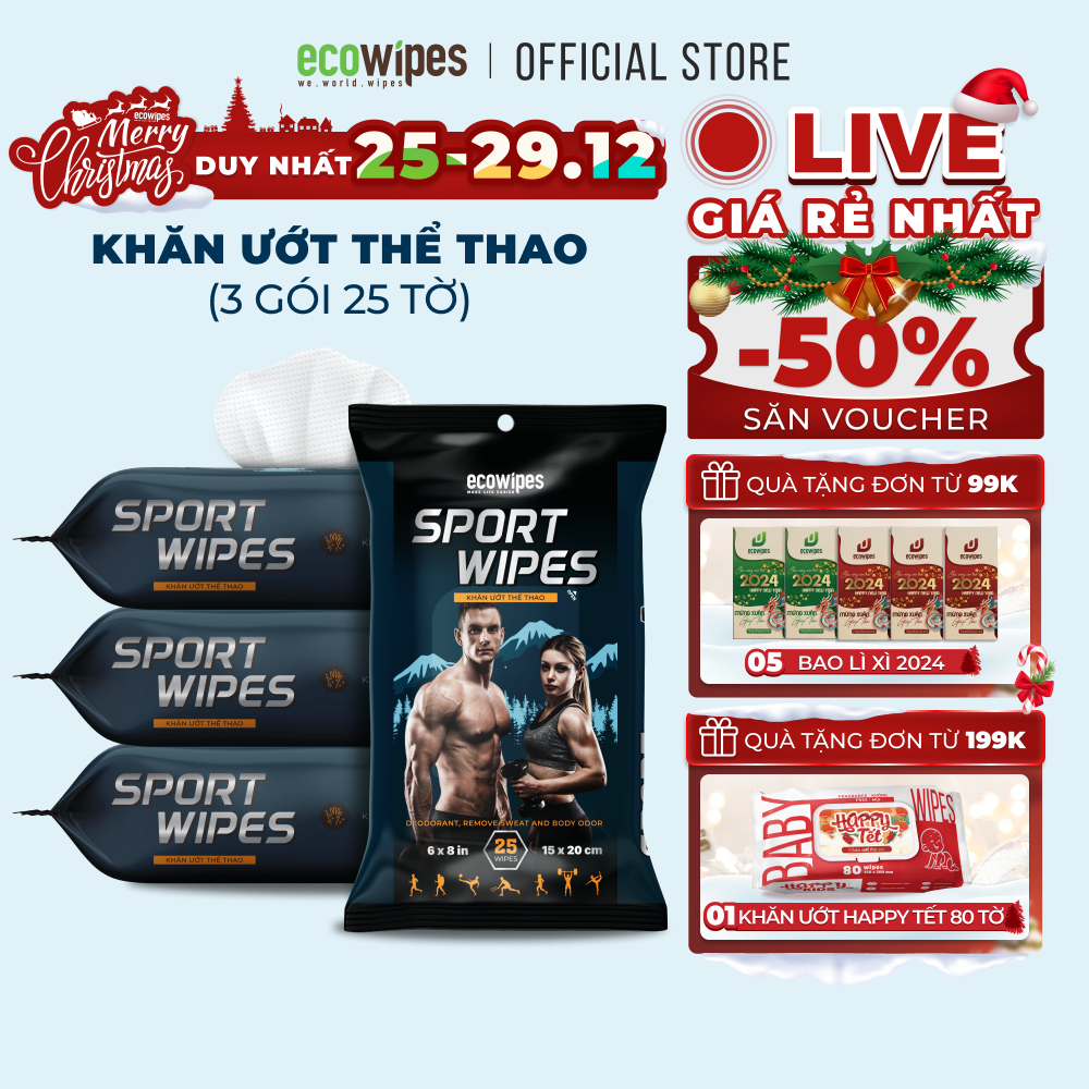 Combo 03 gói khăn giấy ướt thể thao cao cấp EcoWipes gói 25 tờ lau mồ hôi làm mát cơ thể khử mùi nhanh chóng