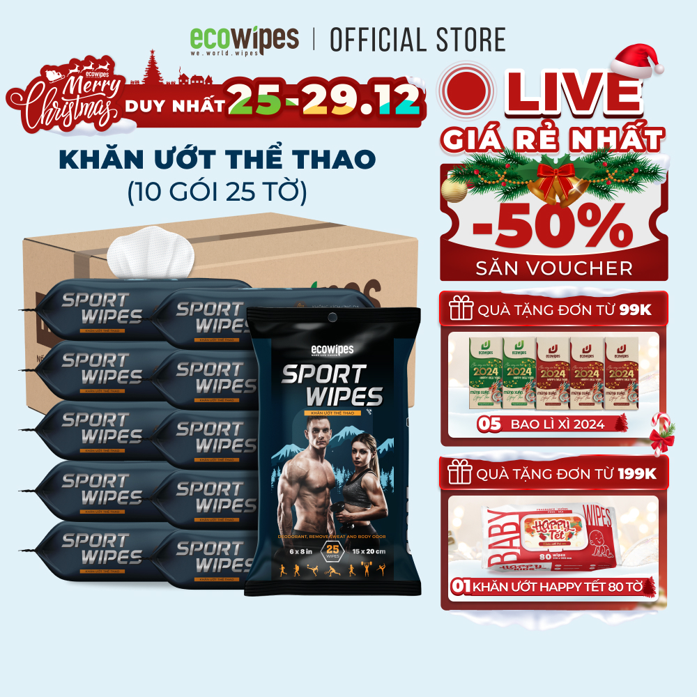 Combo 10 gói khăn giấy ướt thể thao cao cấp EcoWipes gói 25 tờ lau mồ hôi làm mát cơ thể khử mùi nhanh chóng