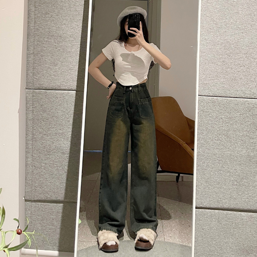 Quần jean form rộng lưng cao nữ kèm túi trước màu xanh cá tính WQA 3029 - Jemcloset