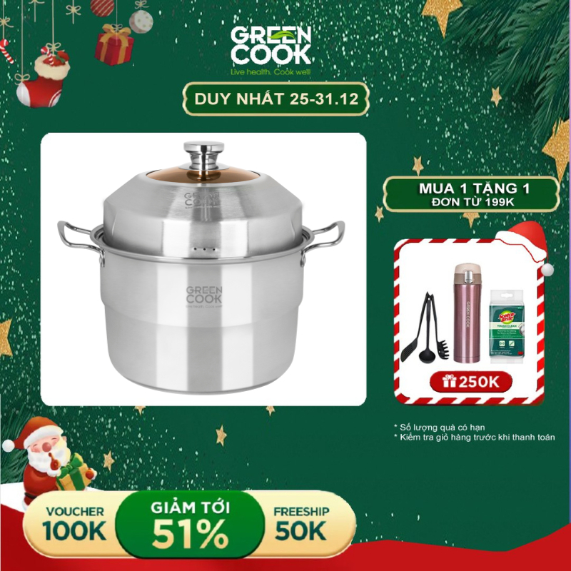 Bộ nồi xửng hấp inox đa năng 26 cm Green Cook GCST01-26IH dung tích 5L sử dụng được trên tất cả các loại bếp