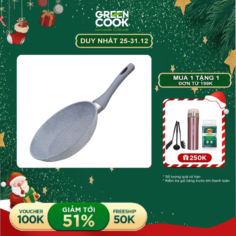 Chảo đáy từ vân đá chống dính GREEN COOK 20-22-24-26-28-30 cm tay cầm chịu nhiệt - Hàng chính hãng greencook