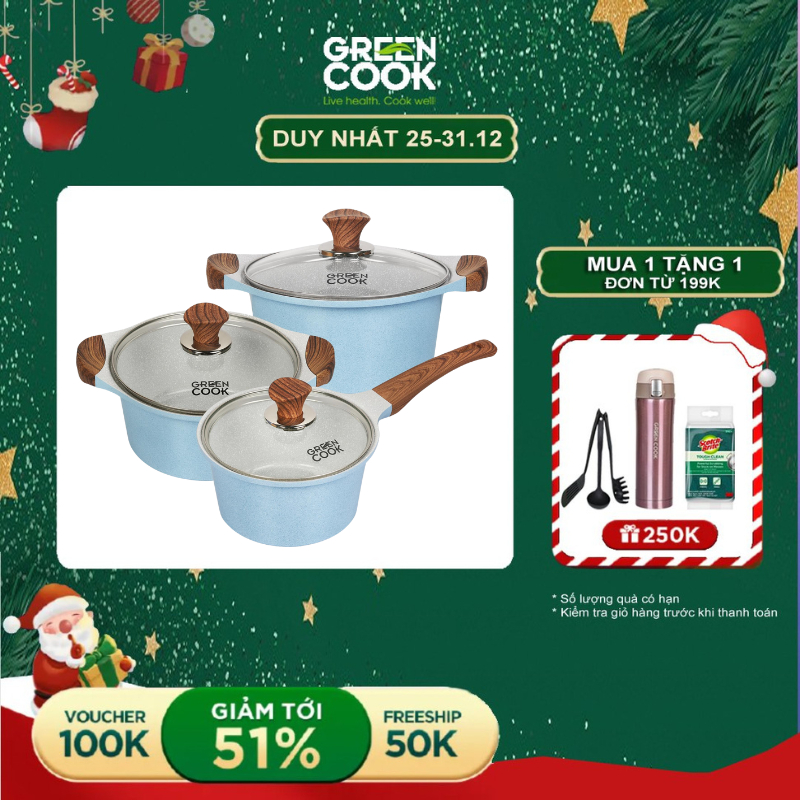 Bộ 3 nồi đúc men đá xanh Sapphire tay cầm chống bỏng đáy từ 18 cm, 20 cm và 24 cm Green Cook GCS09 màu xanh dương, dùng