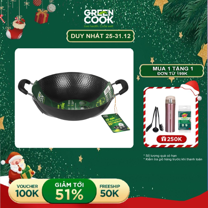 Chảo xào thép sâu lòng vân kim cương Green Cook GCW02 chống dính tự nhiên dùng được trên tất cả các loại