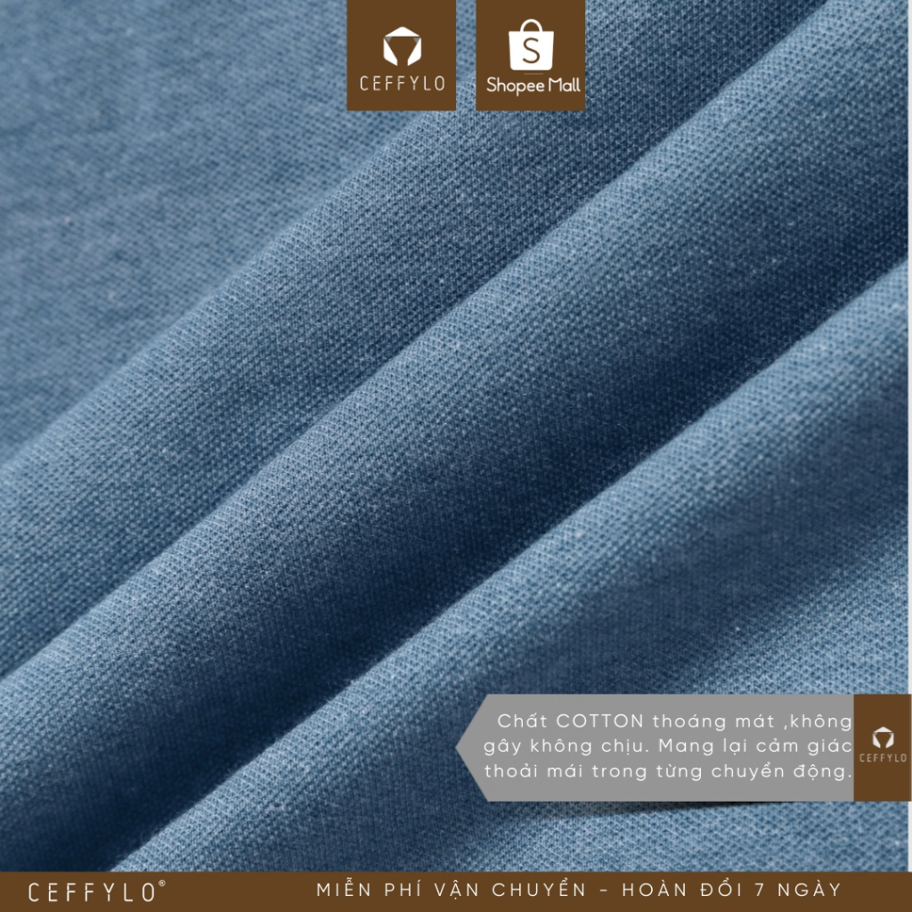 Áo polo nam trơn CEFFLO màu xanh dương chất cotton thoáng khí hạn chế nhăn mềm mại co giãn hạn chế nhăn thời trang nam