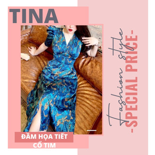 Đầm họa tiết ZANE, cổ tim, tay phồng cao cấp, Đầm dài xẻ tà trước sau, chất lụa trượt mát rượi trung niên kiểu dáng dài