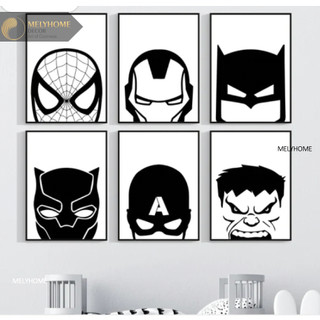 Tranh Treo Tường Dán Tường Siêu Anh Hùng Trắng Đen Marvel Iron Man Super Man Spider Man Black Panther Hulk Batman Decor