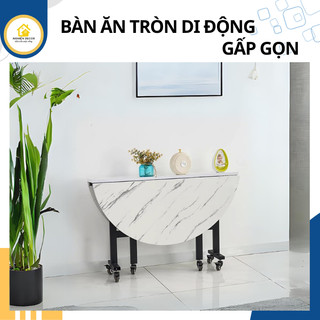 Bàn Ăn Tròn Gấp Gọn Di Động Thông Minh Mặt Gỗ Vân Đá Sang Trọng, Bàn Ăn Gỗ Đa Năng Tích Hợp Bánh Xe Dễ Dàng Di Chuyển