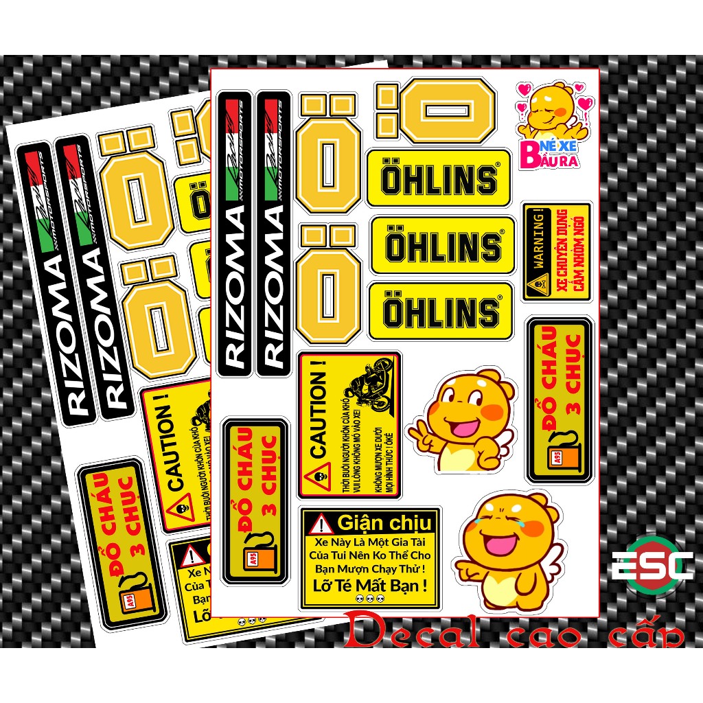 Tem ohlins kèm cảnh báo 16 cao cấp chống nước - Tem dán xe máy, mũ bảo hiểm, điện thoại,...chống nước, chống bay màu