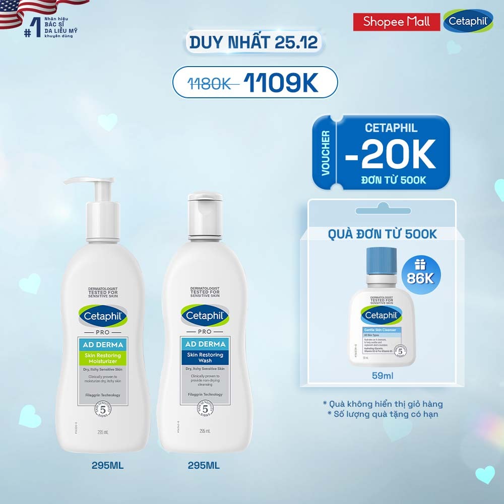 Combo Sữa tắm và Kem dưỡng cho viêm da cơ địa Cetaphil Pro AD Derma Wash 295ml + Cetaphil Pro AD Derma Moisturizer 295ml