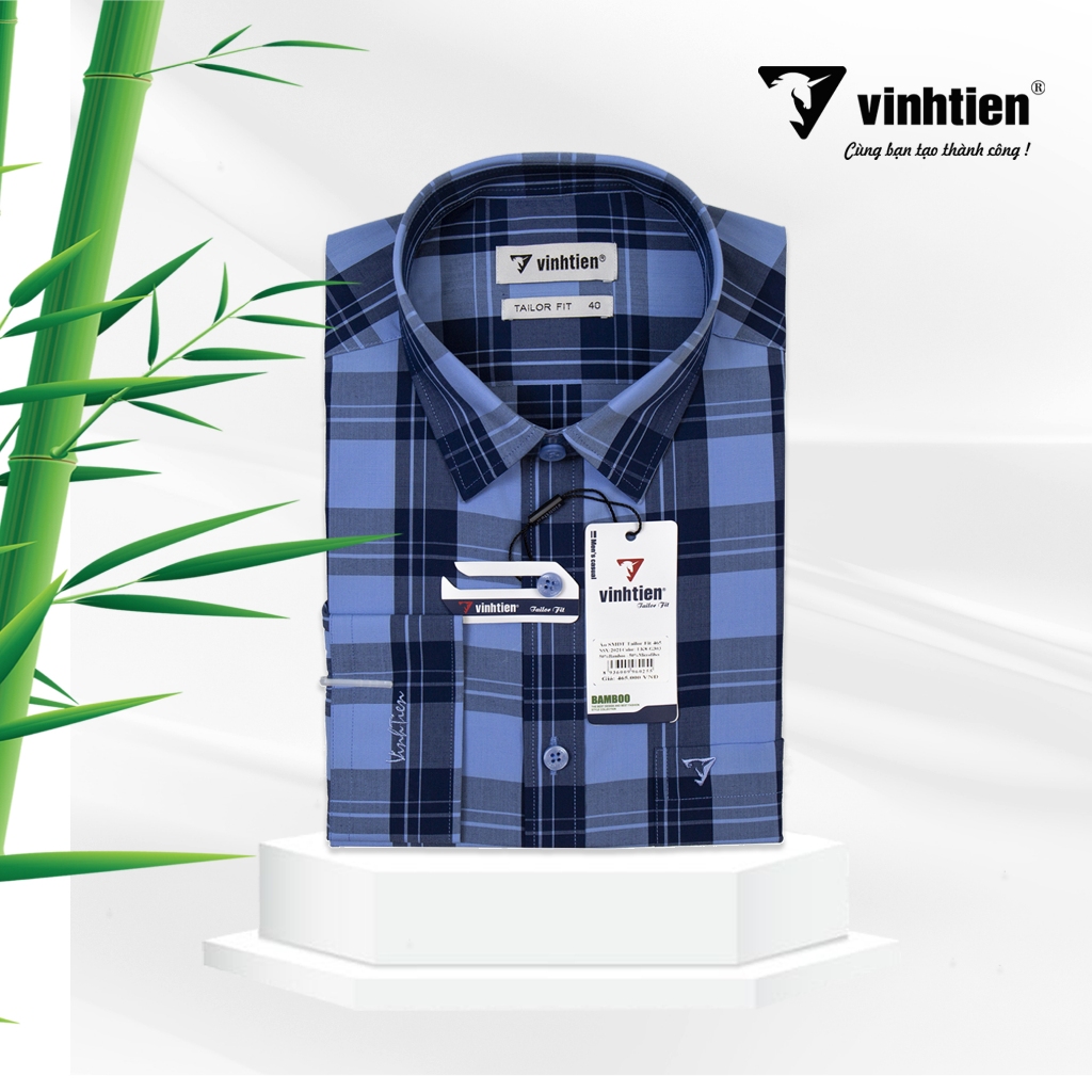 Áo Sơ Mi Vĩnh Tiến Dài Tay Dáng Tailor Fit Vạt Ngang Vải Sọc Caro Bamboo 465