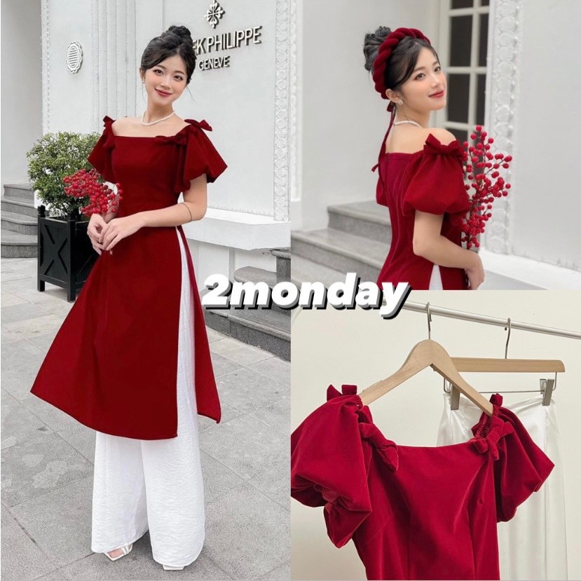 SET ÁO DÀI CÁCH TÂN TRỄ VAI TAY BỒNG ĐÍNH NƠ SIÊU XINH TẾT 2024