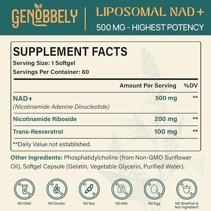 Genobbely Liposomal NAD+ 800mg Viên uống chống lão hóa, sửa chữa tế bào Nicotinamide Mononucleotide
