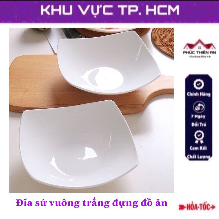 Đĩa sứ vuông trắng trơn đựng thức ăn, trái cây đa năng - sang trọng, tiện dụng
